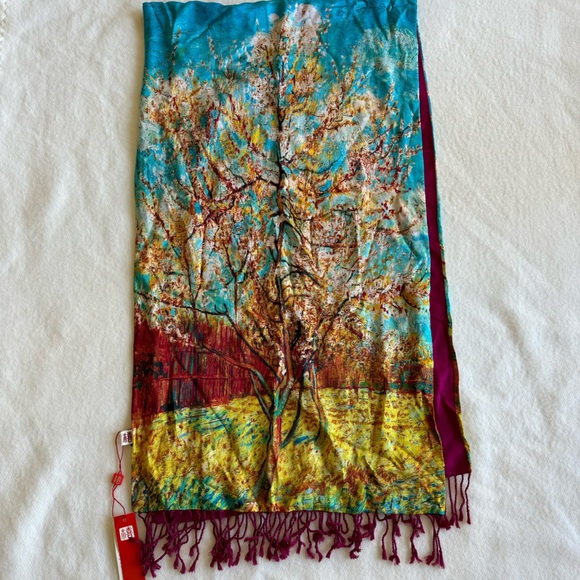 Pure Silk Viscose Oblong Art Oil Fall Trees Painting Scarf 68” L - Picture 6 of 7